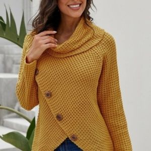 Mustard Button Wrap Turtleneck Sweater